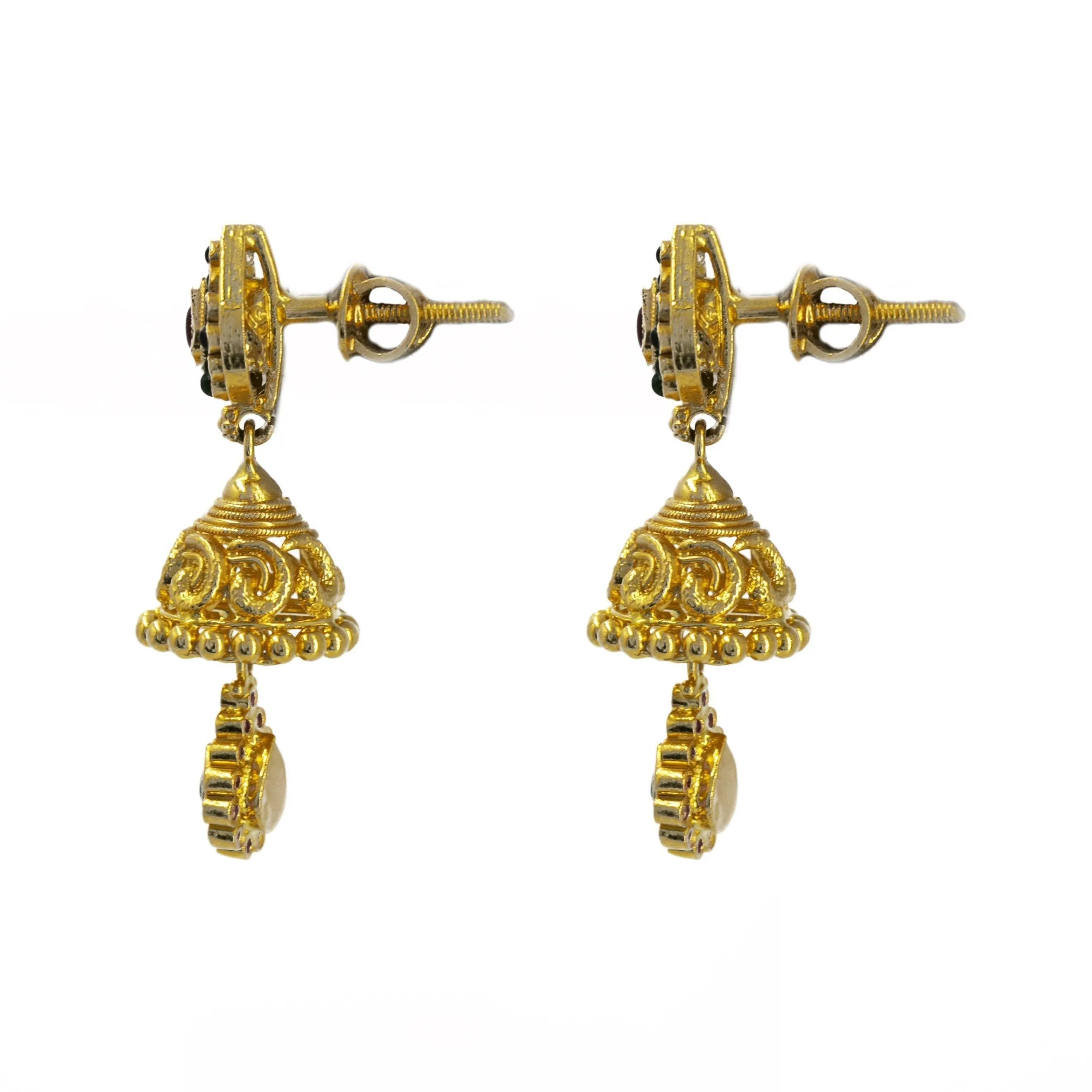 22K Yellow Gold Jhumki Drop Earrings W/ Ruby, Emerald & Teardrop Drop Pendant