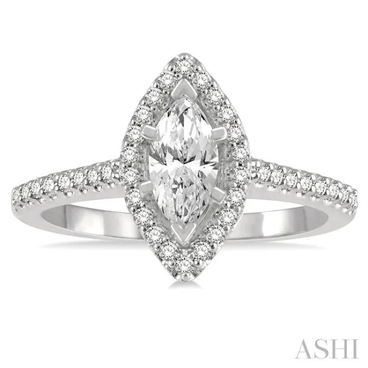 3/4 Ctw Round Cut Diamond Engagement Ring With 1/2 ct Marquise Cut Center Stone in 14K White Gold