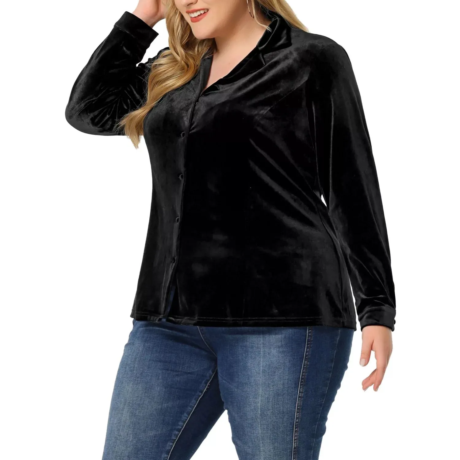 Agnes Orinda Women's Plus Size Velvet Long Sleeve Lapel Work Shirt ,  black