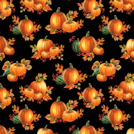 Autumn Elegance Pumpkin Allover Metallic Black Yardage by Jackie Robinson | Benartex