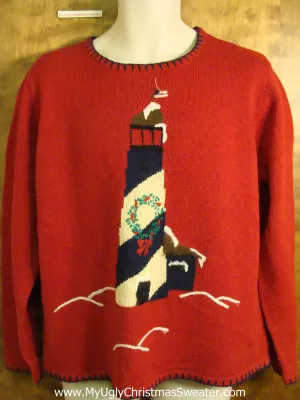 Beach Lighthouse Themed Novelty Funny Christmas Sweater