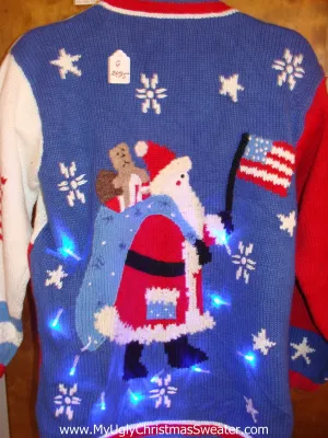 BEST Patriotic Santa 2sided Christmas Sweater with Lights