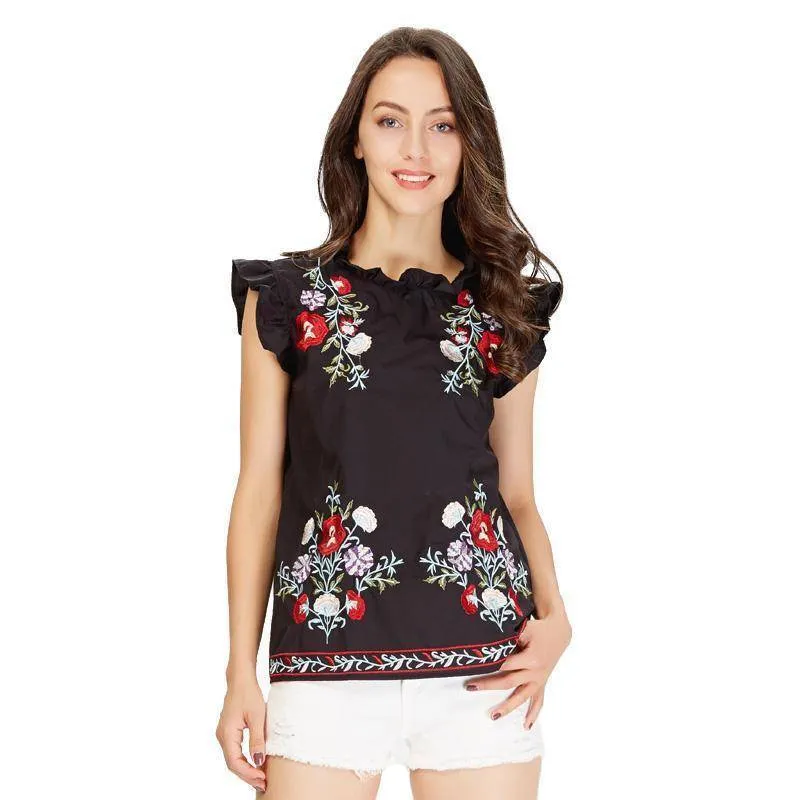 Black Sweet ruffles floral embroidery sleeveless shirts