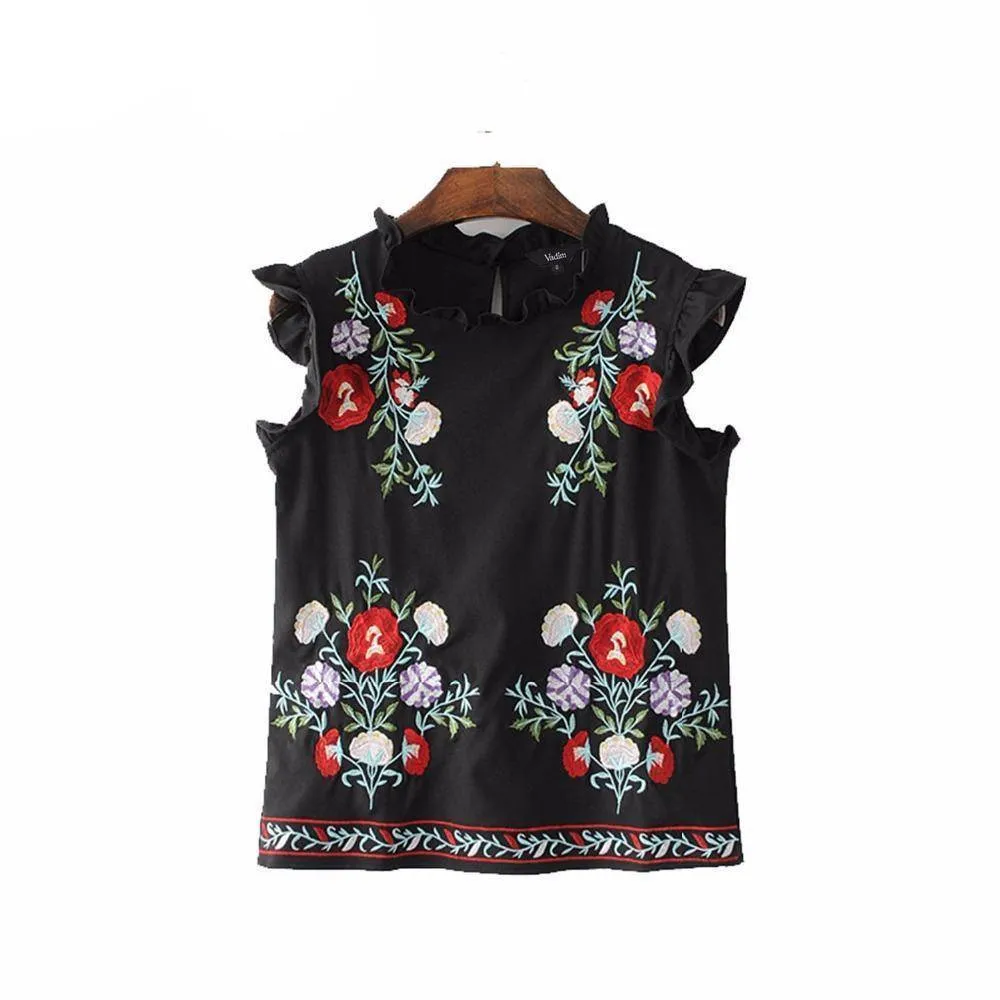 Black Sweet ruffles floral embroidery sleeveless shirts