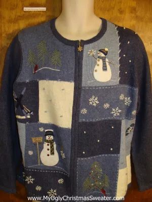 Blue Holiday Sweater with Snowman Patches