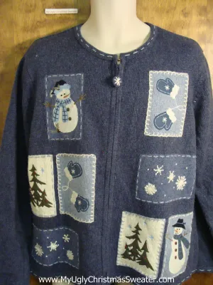 Blue Novelty Funny Holiday Sweater with Patchwork Snowmen