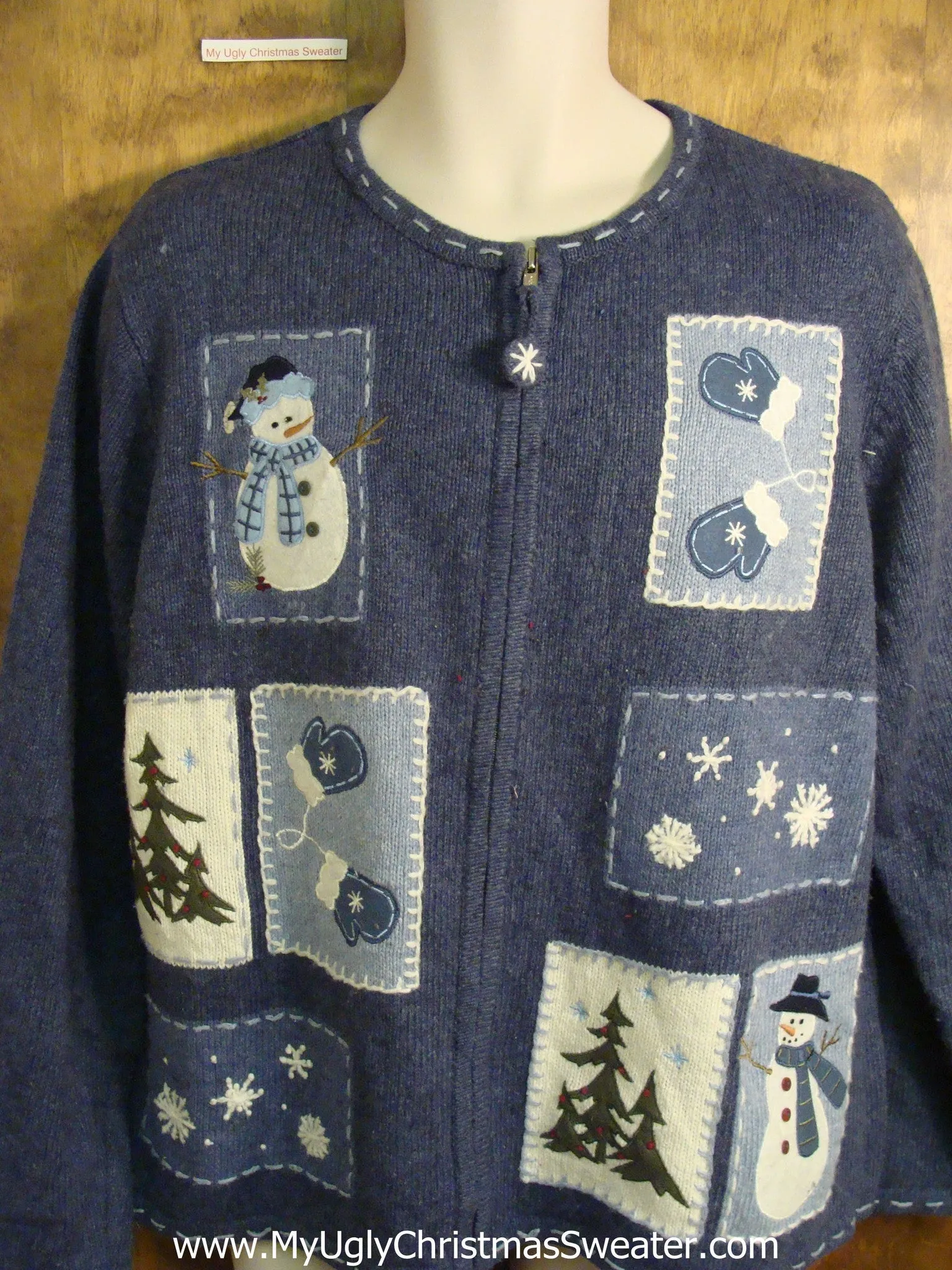 Blue Novelty Funny Holiday Sweater with Patchwork Snowmen