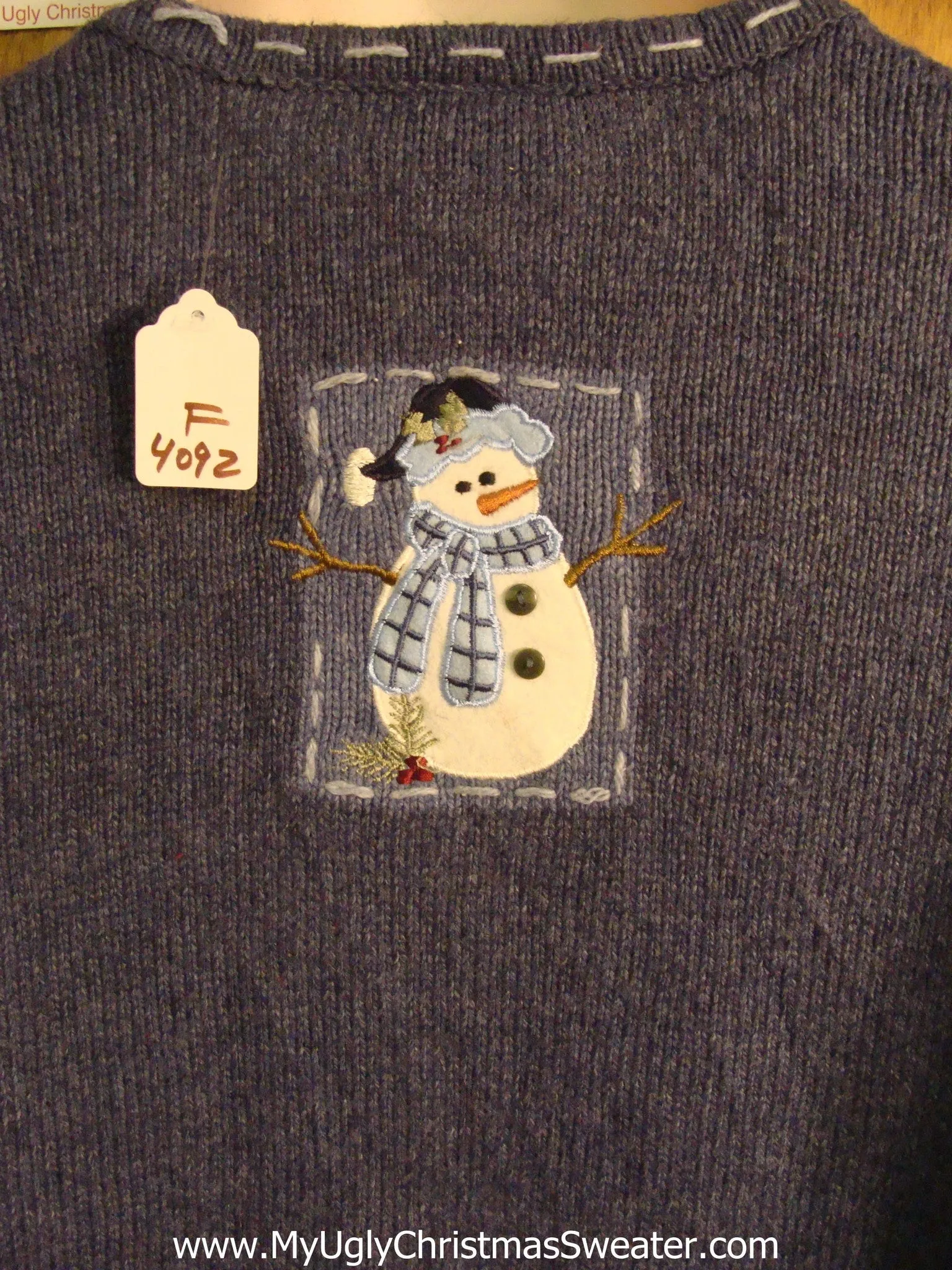 Blue Novelty Funny Holiday Sweater with Patchwork Snowmen