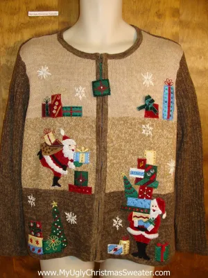 Brown Holiday Sweater with Santa and Gifts