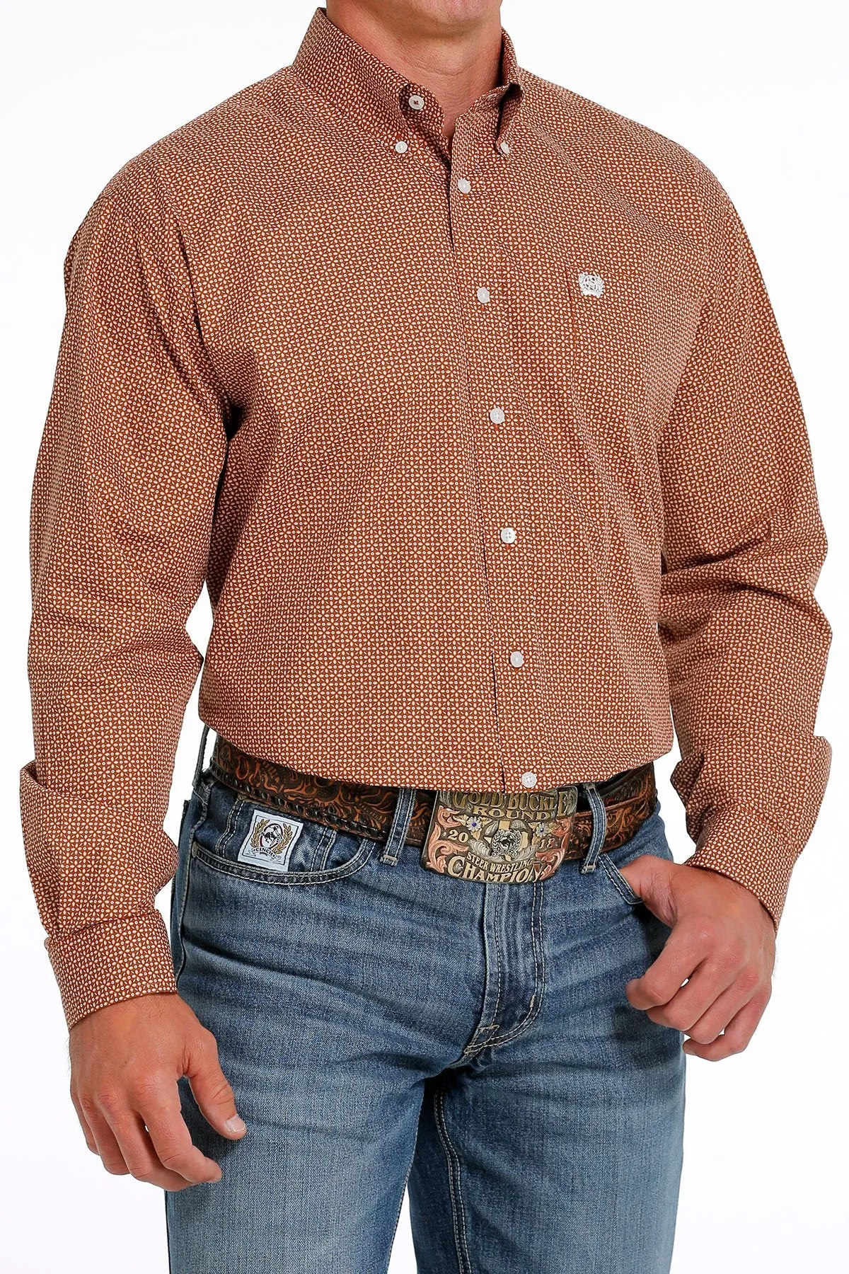 Cinch Men's Geometric Print Button-Down Western Shirt - White/Brown MTW1105610