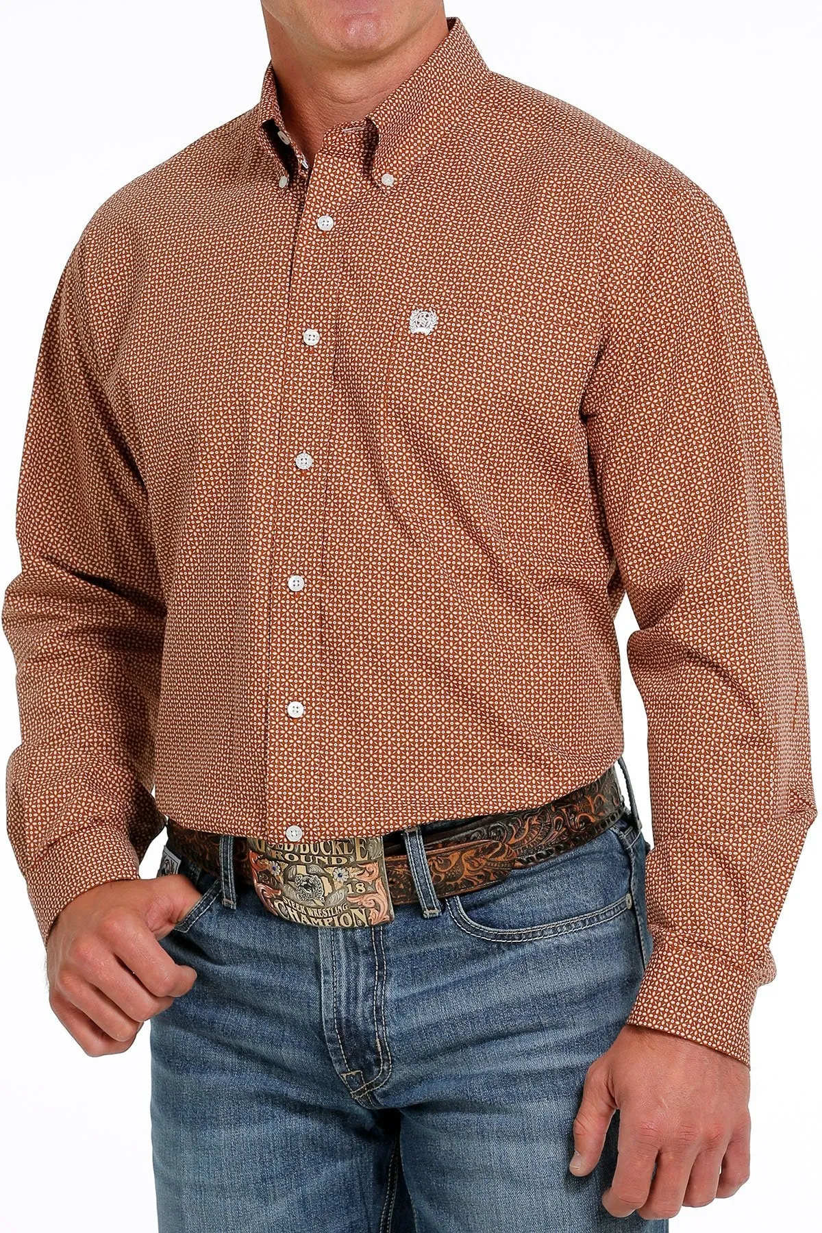 Cinch Men's Geometric Print Button-Down Western Shirt - White/Brown MTW1105610