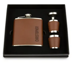 Faux Leather Wrapped Flask Gift Box Set -  Chocolate Brown