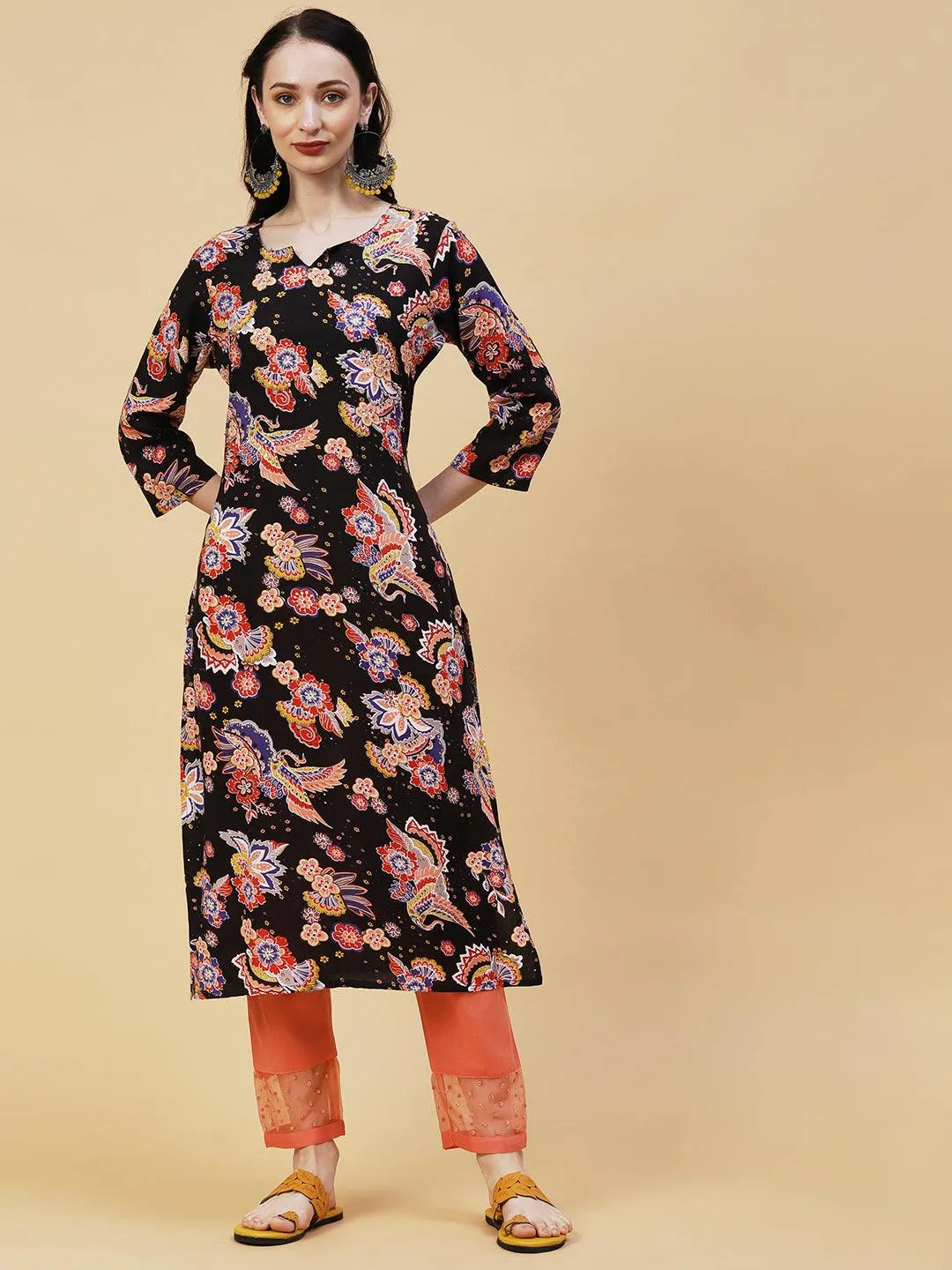 Floral Printed Sequins & Beads Ornamented Kurta - Black