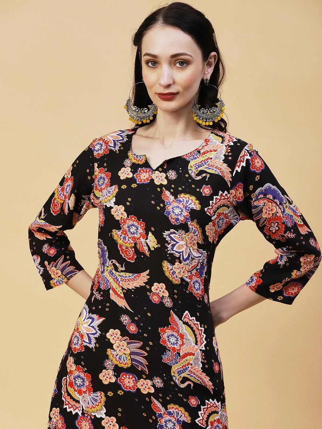 Floral Printed Sequins & Beads Ornamented Kurta - Black