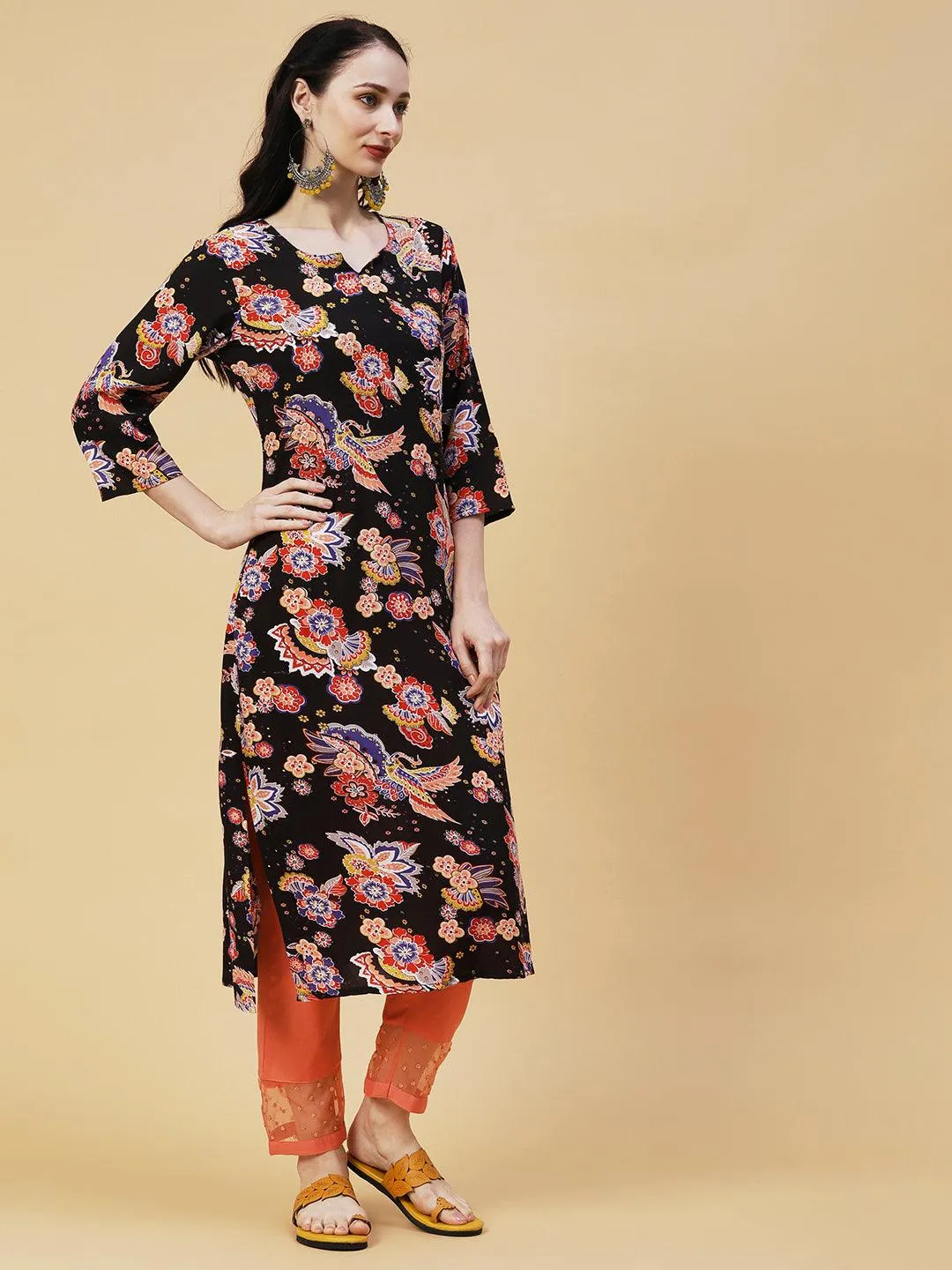 Floral Printed Sequins & Beads Ornamented Kurta - Black