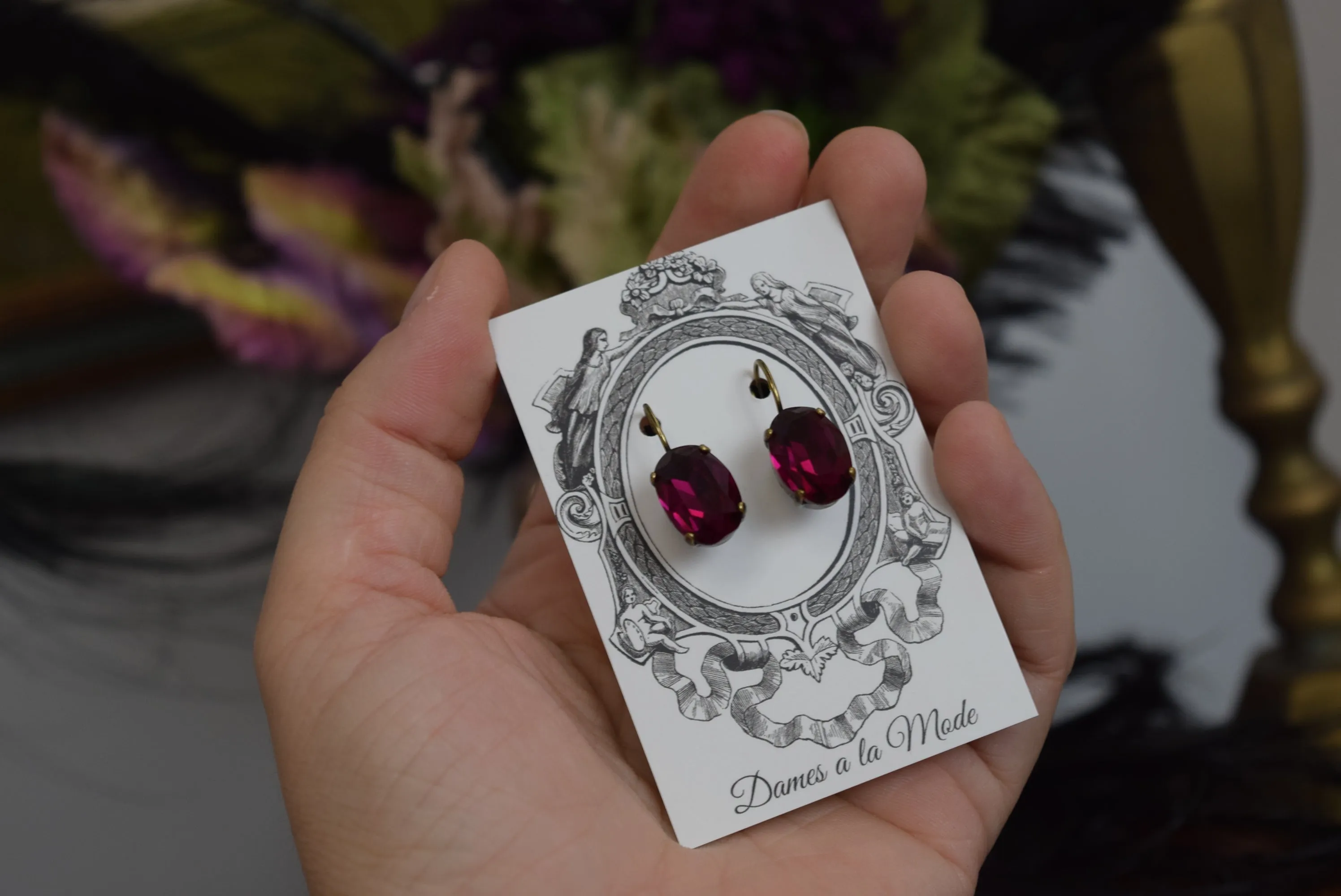 Fuchsia Pink Aurora Crystal Earrings - Medium Oval