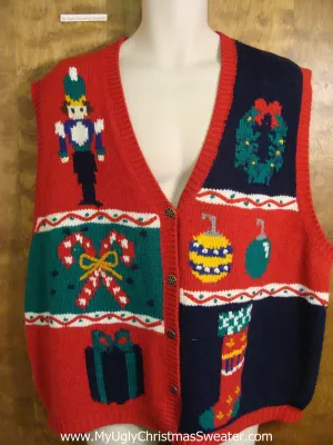 Fun 80s Holiday Sweater Vest with Nutcracker and Candycanes