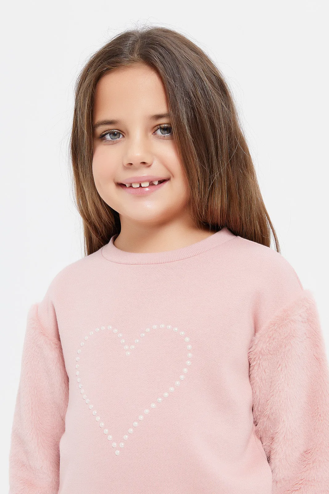 Girls Pink Sweatshirt With Fur Sleeve