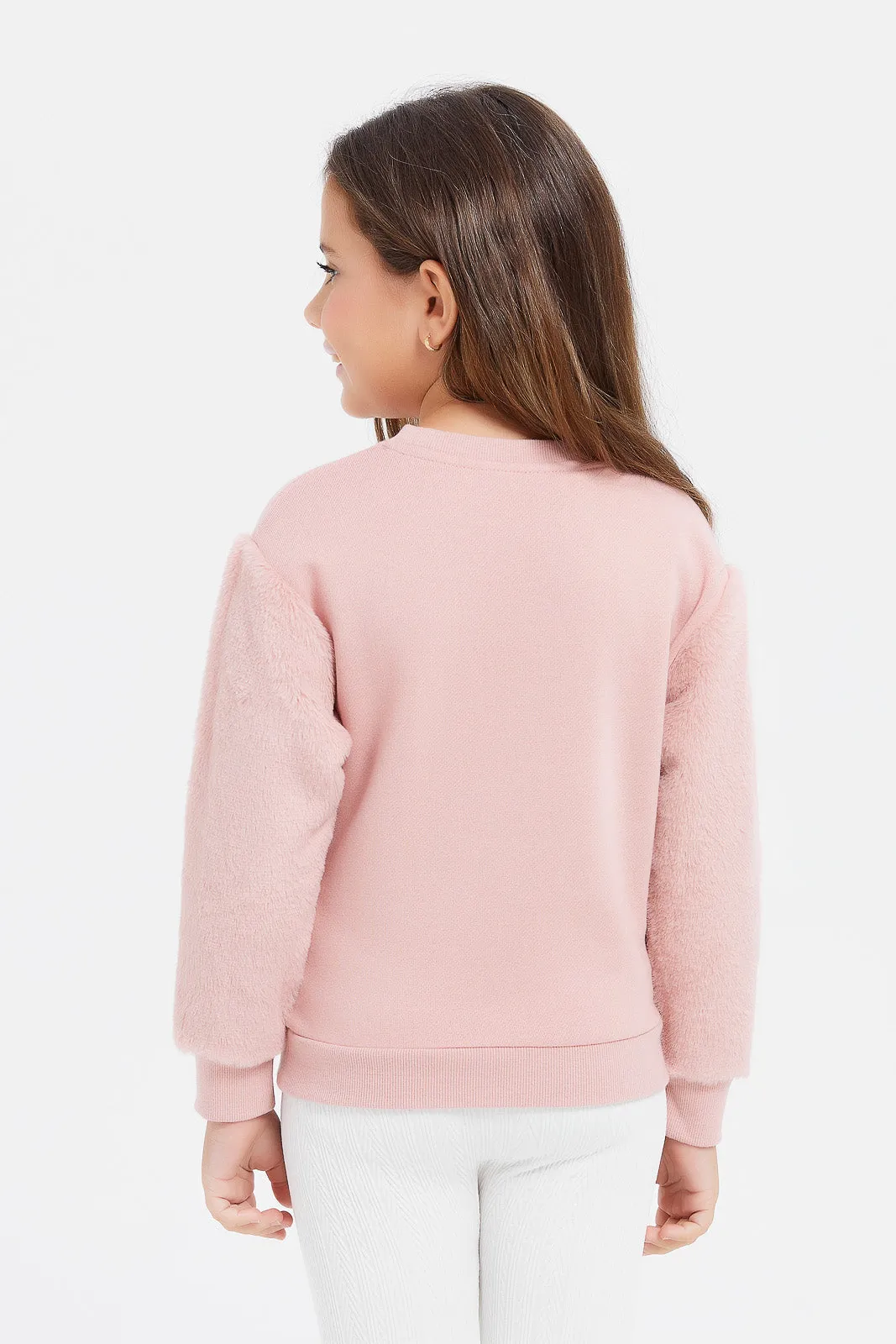 Girls Pink Sweatshirt With Fur Sleeve