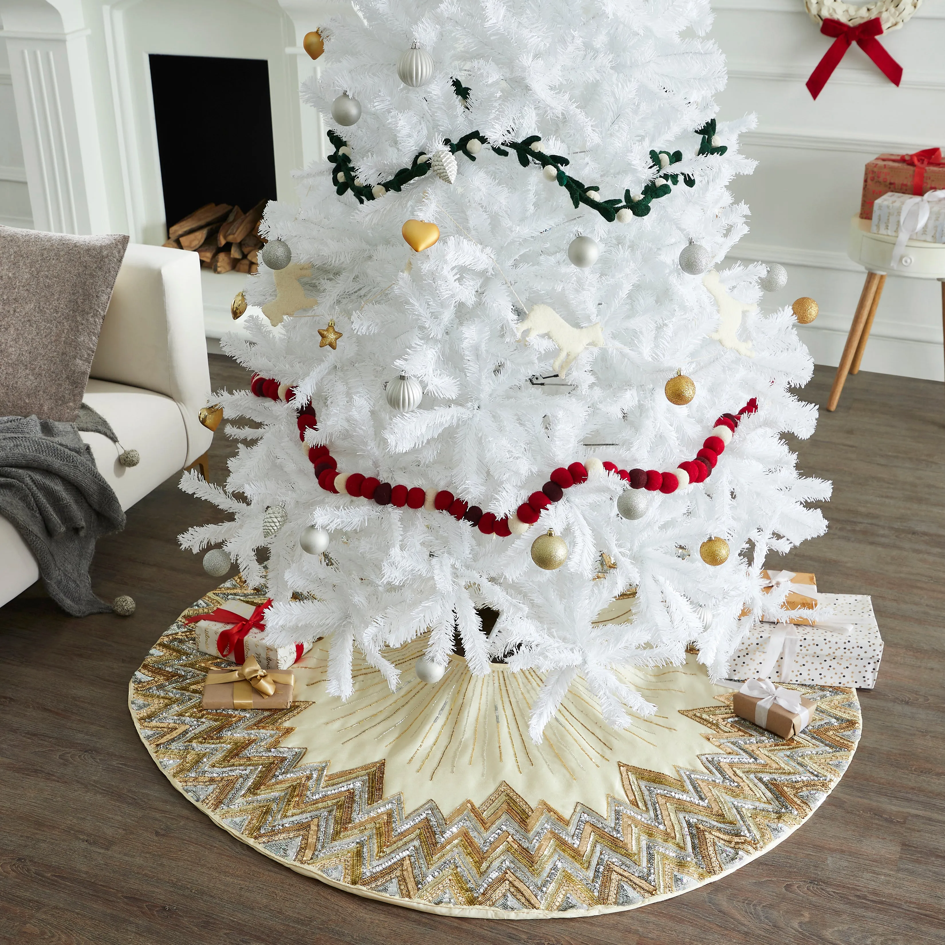 Handmade Christmas Tree Skirt - Hand Beaded Metallic Starburst on French Vanilla Silk- 60"/72"