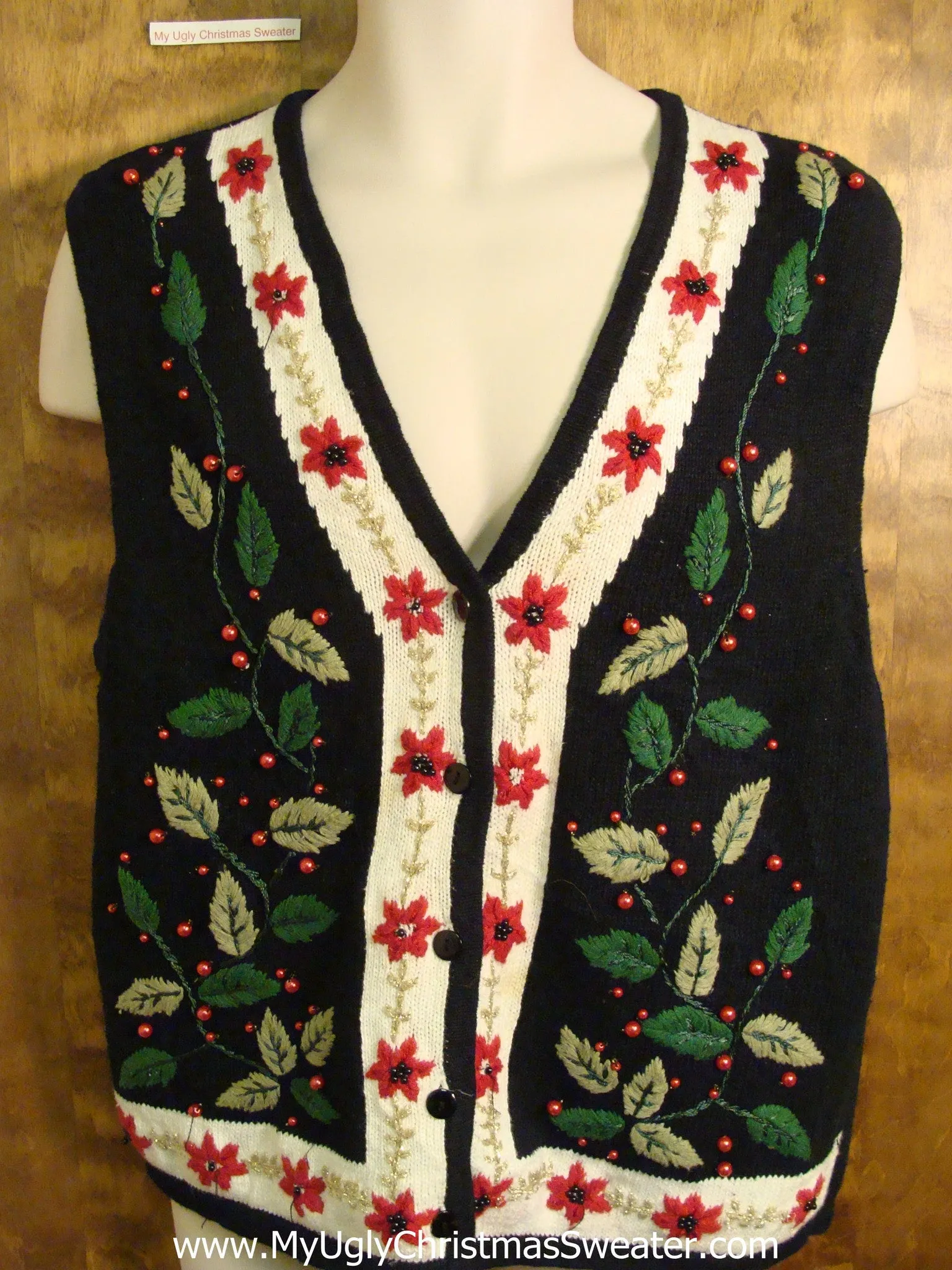 Ivy and Poinsettias Tacky Bad Christmas Sweater Vest