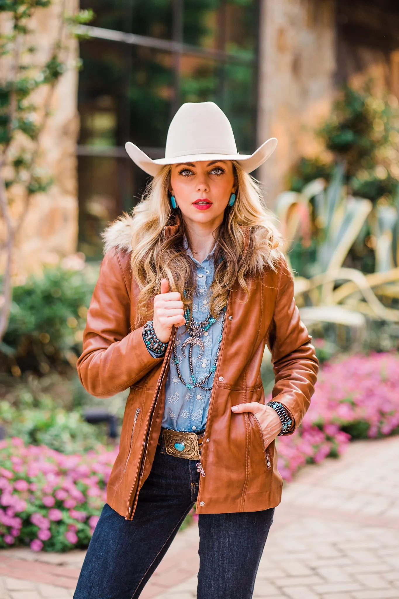 Jacket, Brown Leather with Faux Fur Trim - Style L1112