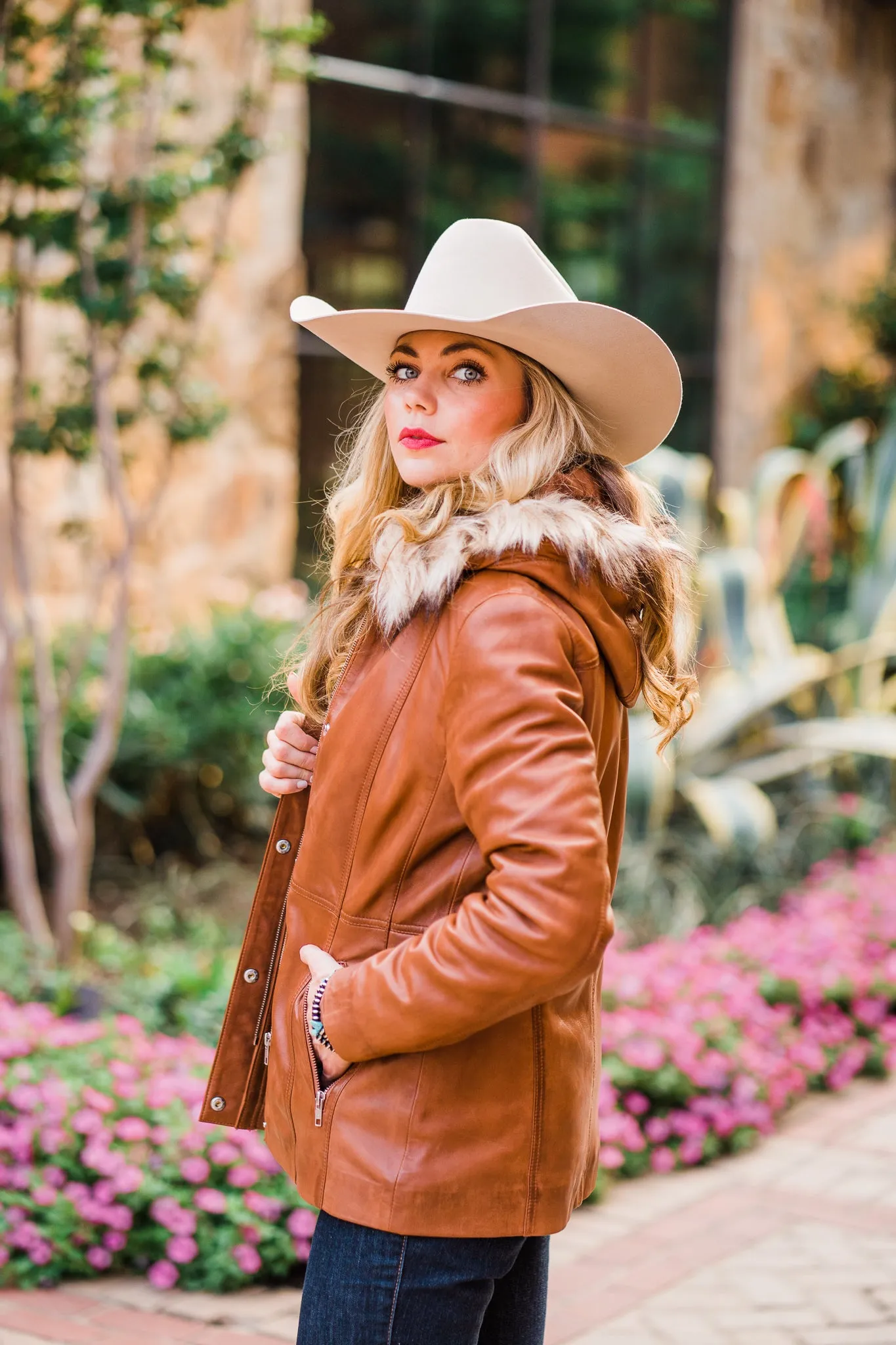 Jacket, Brown Leather with Faux Fur Trim - Style L1112