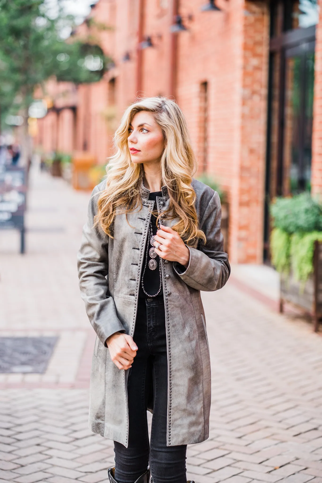 Jacket, Grey Leather 3/4 Length Button Front with Studs - Style L1098