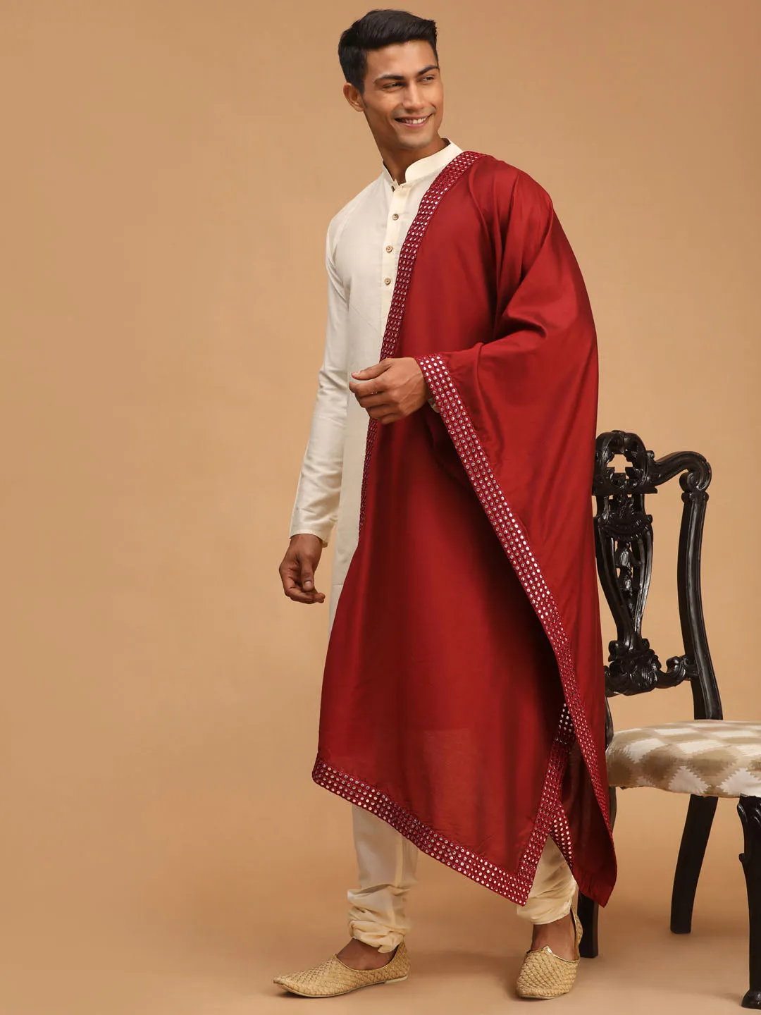 Jashvi Men's Maroon Viscose Mirror Work Ethnic Dupatta