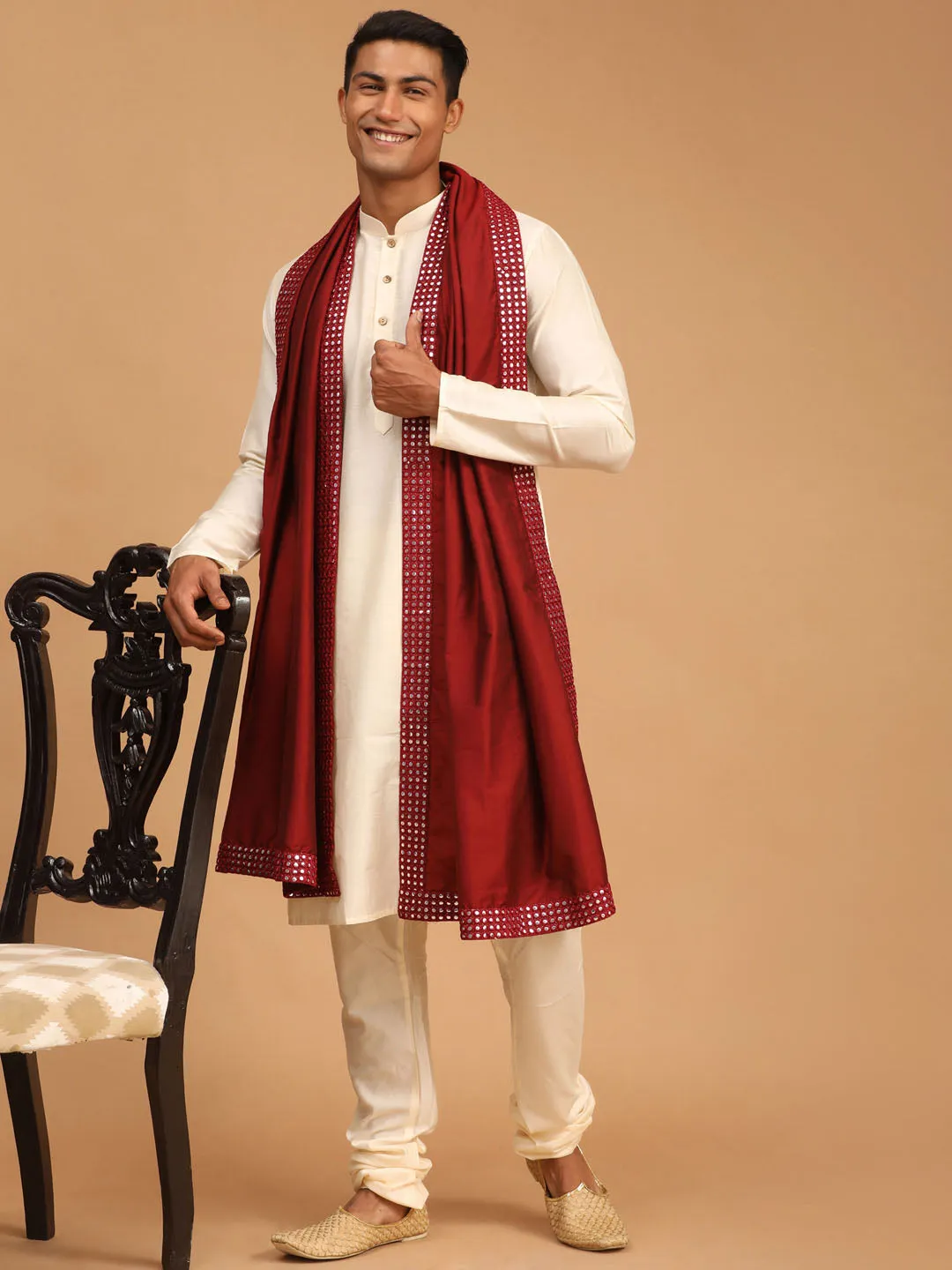 Jashvi Men's Maroon Viscose Mirror Work Ethnic Dupatta