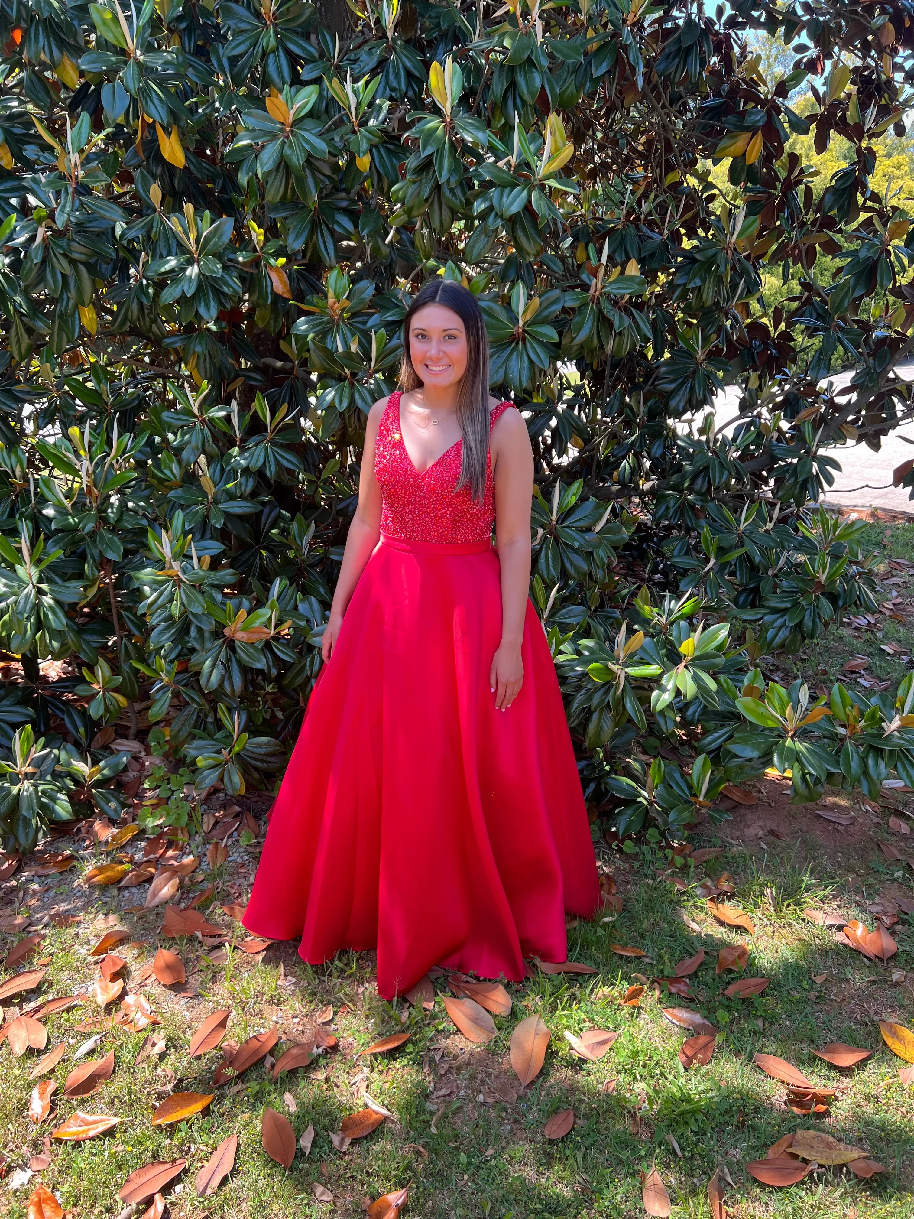 JVN by Jovani 08473 Red V-Neck Mikado Ballgown with Pockets