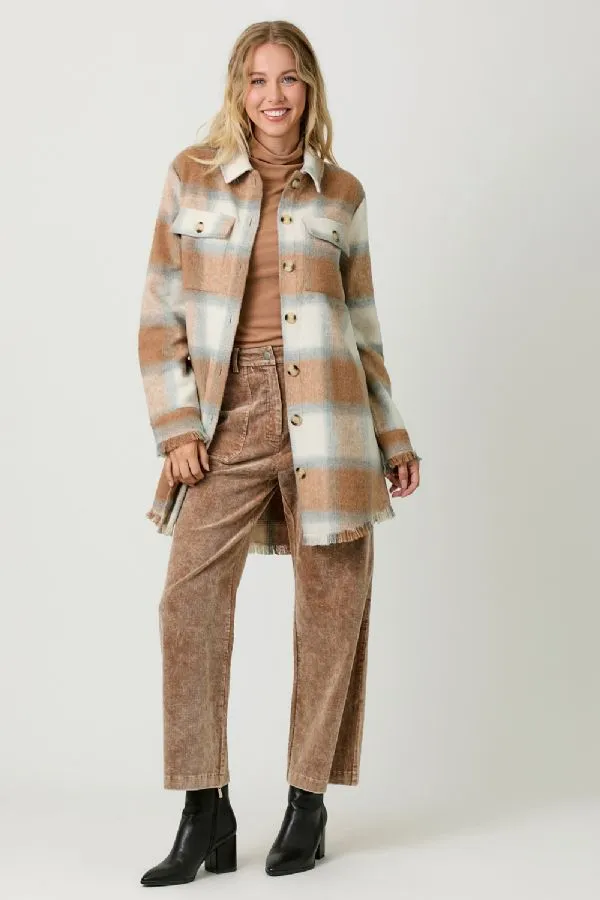 Ladies Mystree Fringed Long Plaid Jacket - 60739