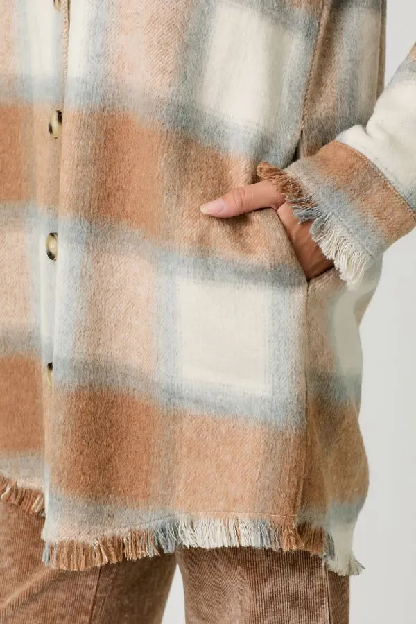 Ladies Mystree Fringed Long Plaid Jacket - 60739