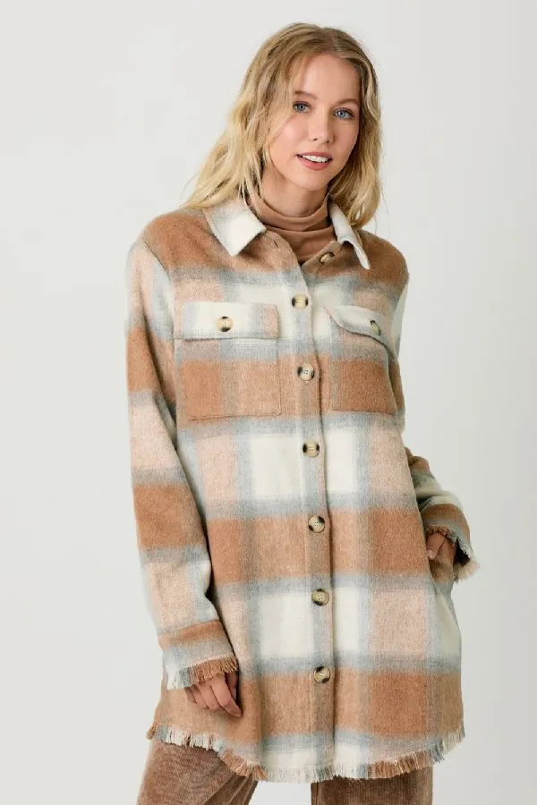 Ladies Mystree Fringed Long Plaid Jacket - 60739