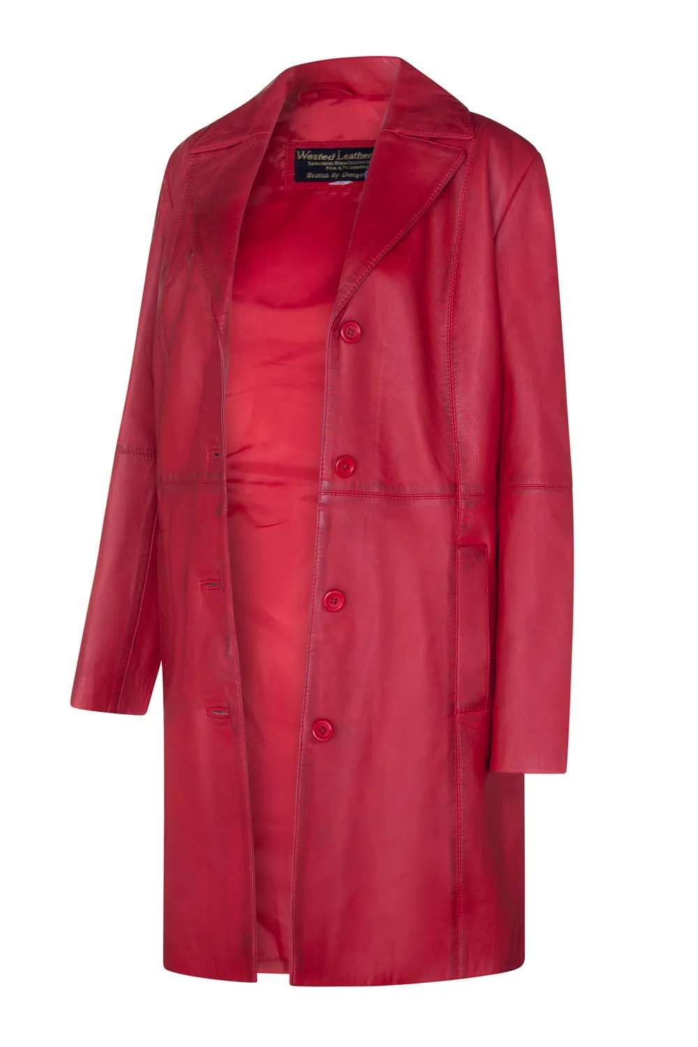 LADIES Red ¾ LEATHER COAT CLASSIC 3/4 KNEE-LENGTH