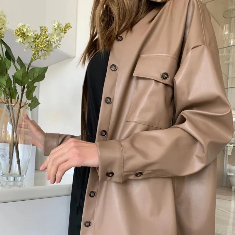 Loose Collared Vegan Leather Winter Down Coat Jackets