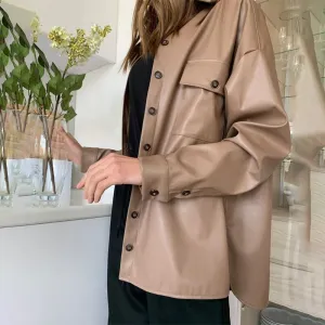 Loose Collared Vegan Leather Winter Down Coat Jackets