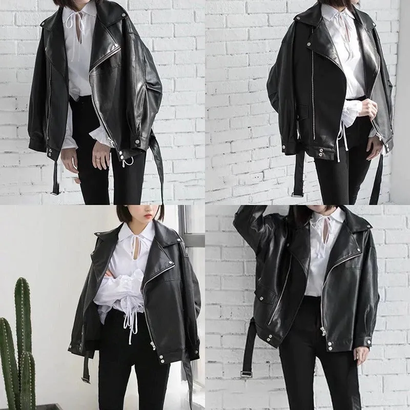 Loose Fit Vegan Leather Turn-down Collar Zippered Winter Jackets