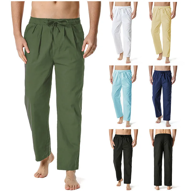 Mens Cotton Casual Loose Long Pants with Drawstring