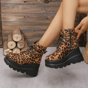 Plus Size Leopard Print Thick Bottom Height-increasing Boots