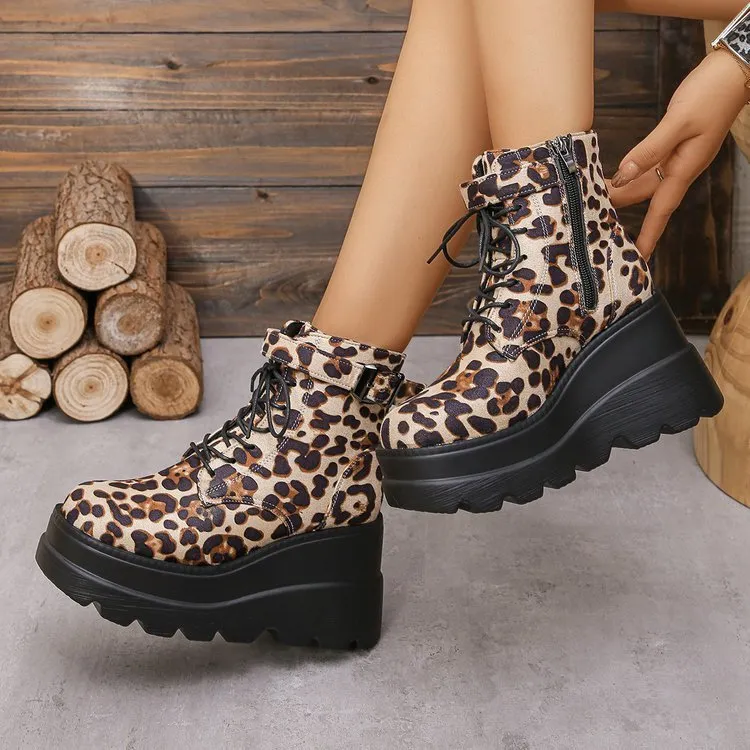 Plus Size Leopard Print Thick Bottom Height-increasing Boots