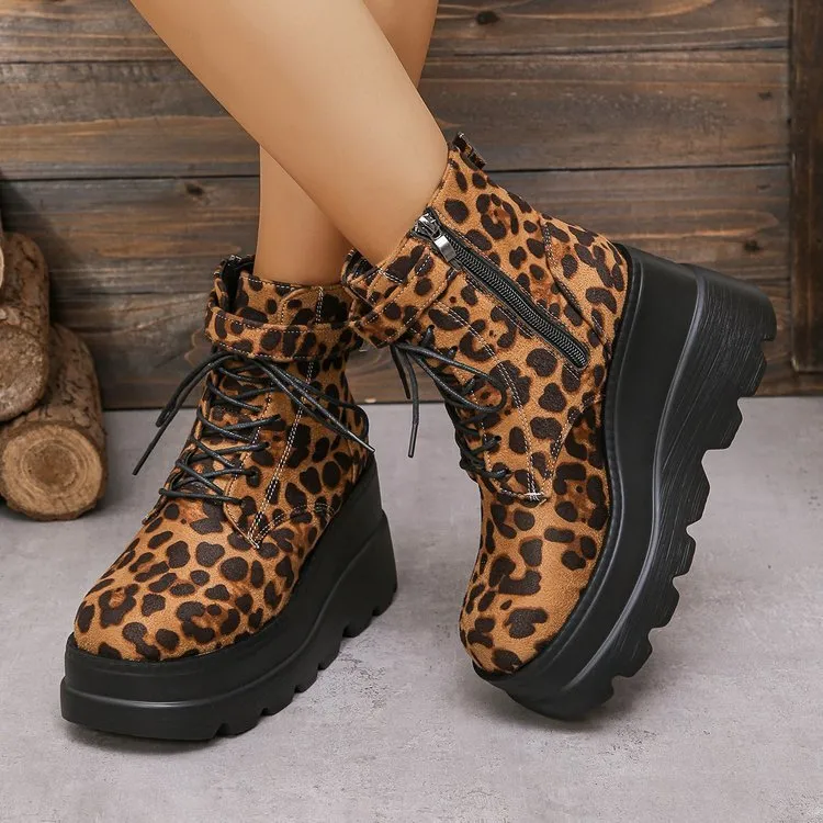 Plus Size Leopard Print Thick Bottom Height-increasing Boots