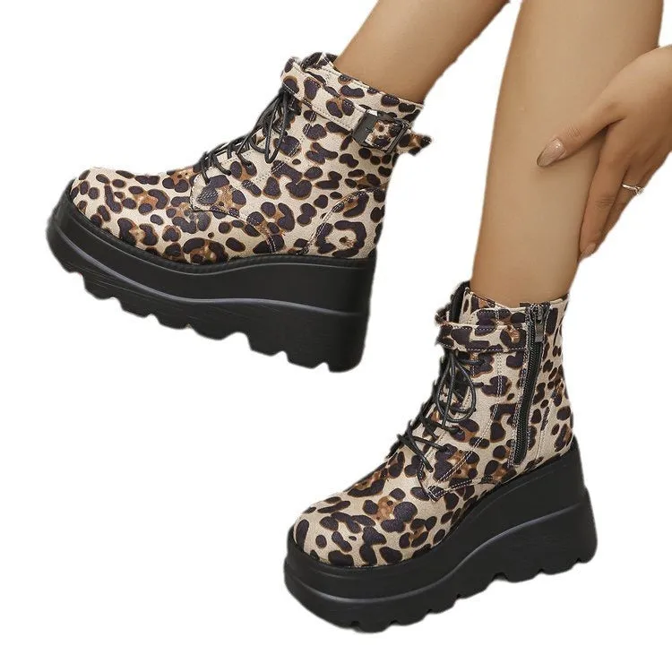 Plus Size Leopard Print Thick Bottom Height-increasing Boots