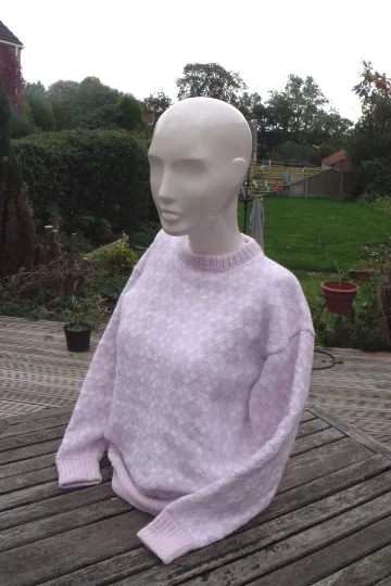 "Imogen" an Argyle styled sweater, ladies UK 12, Handmade pink & white for all seasons