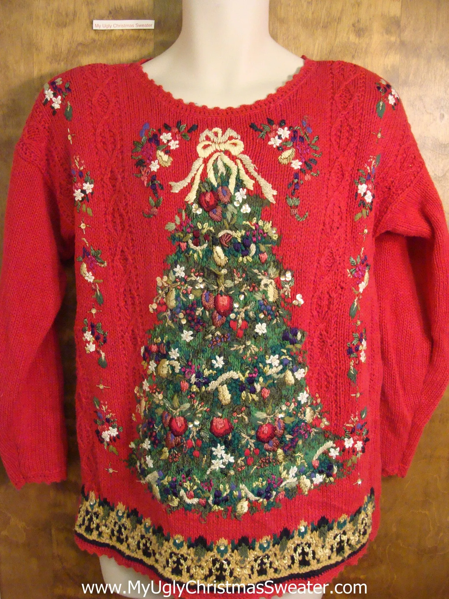 Red 80s Holiday Tree Themed Novelty Funny Christmas Sweater