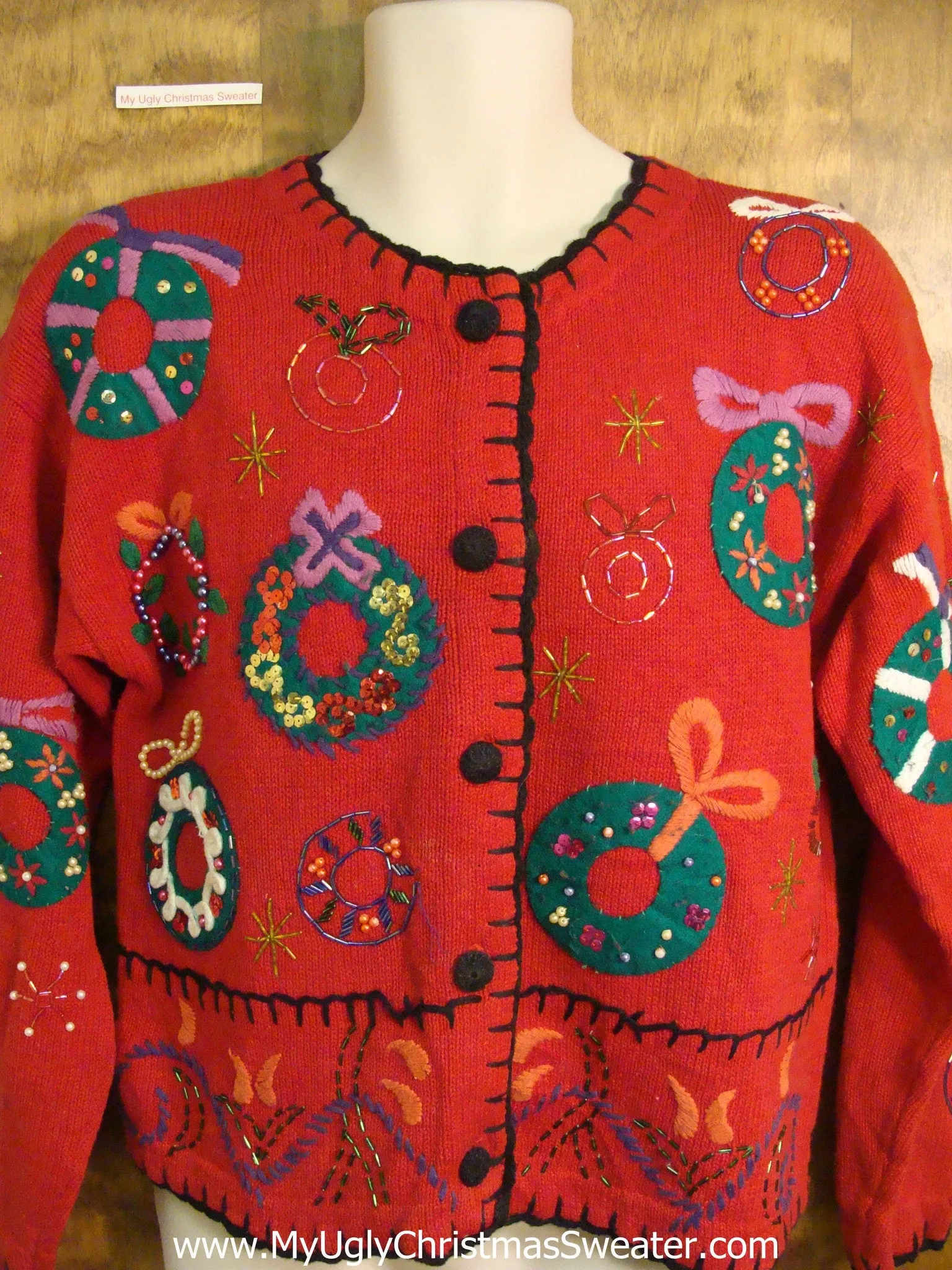 Red Holiday Sweater with Bling Wreaths