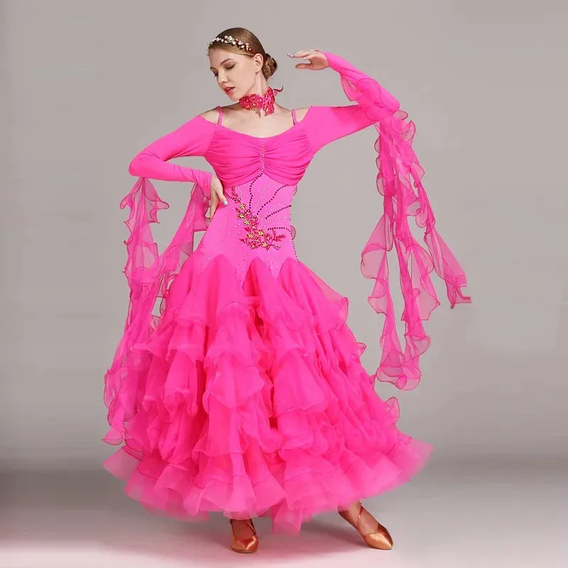 Ruffled Level Hemline Rhinestones Ballroom Dance Competition Costume Dresses For Women