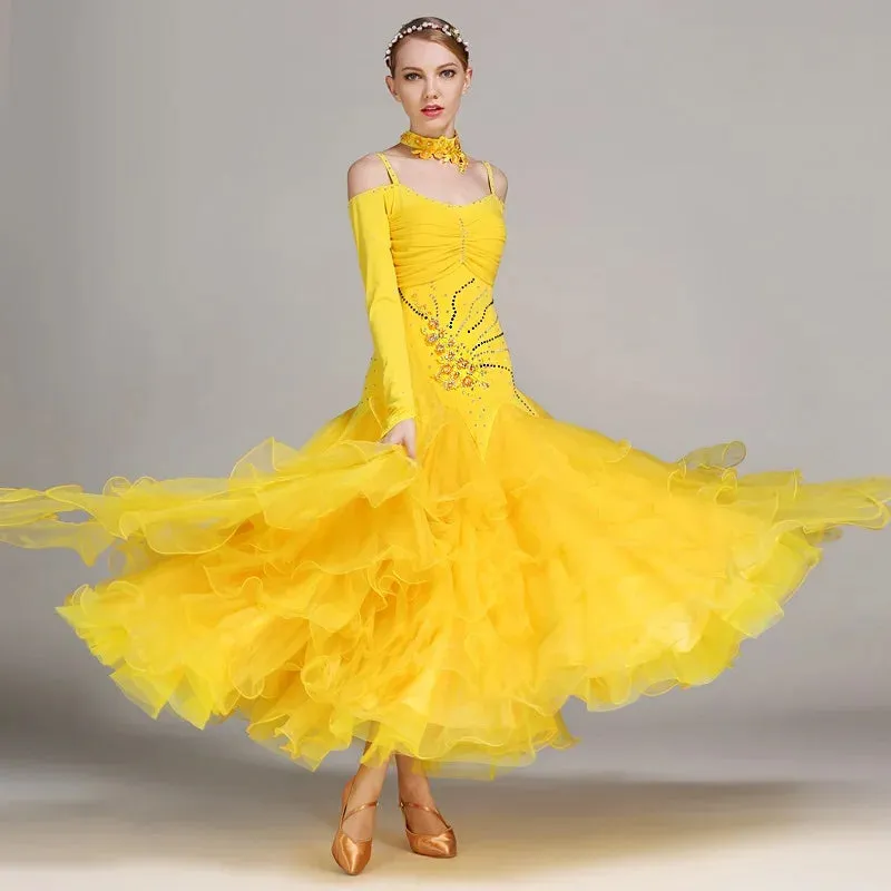 Ruffled Level Hemline Rhinestones Ballroom Dance Competition Costume Dresses For Women