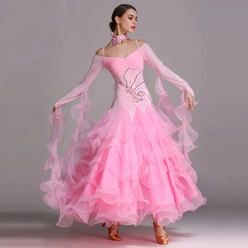 Ruffled Level Hemline Rhinestones Ballroom Dance Competition Costume Dresses For Women