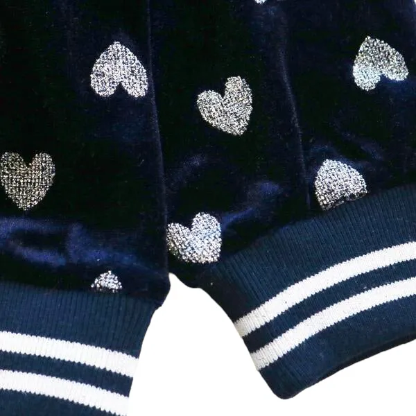 Sequin Heart Velvet Loungewear Set - Navy